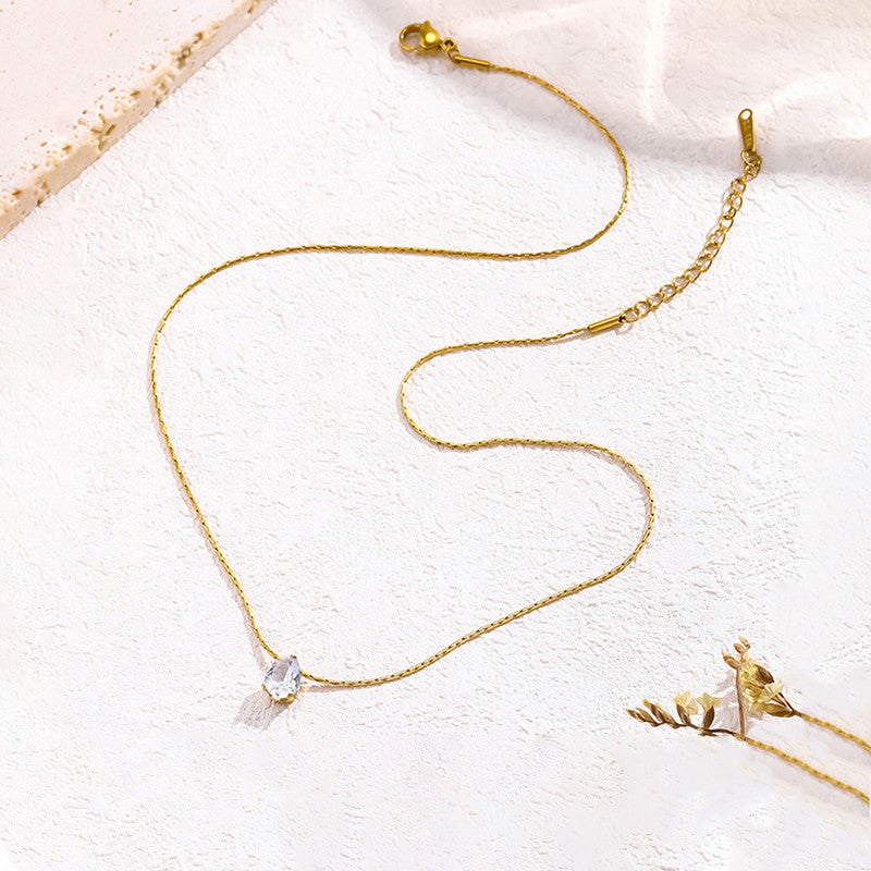 Gold Plated Stainless Steel Anti Tarnish Tear Drop CZ Pendant For Women