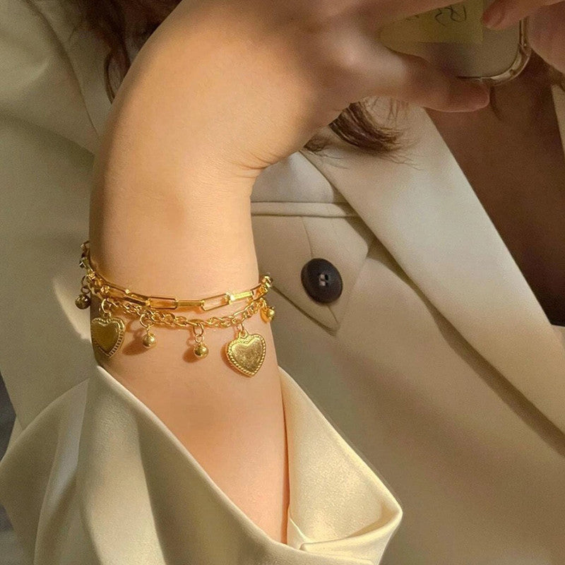 Gold Plated Stainless Steel Anti Tarnish Heart themed Wraparound Bracelet For Women