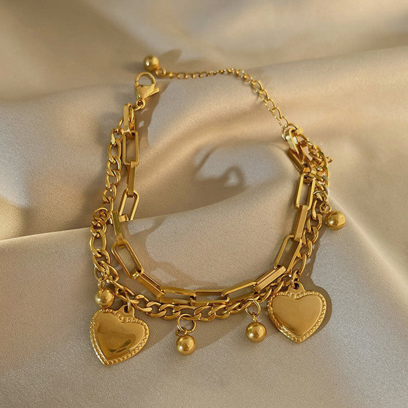 Gold Plated Stainless Steel Anti Tarnish Heart themed Wraparound Bracelet For Women