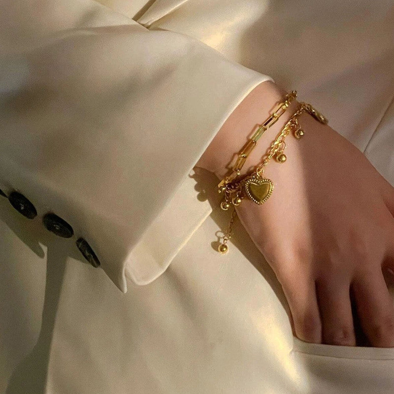 Gold Plated Stainless Steel Anti Tarnish Heart themed Wraparound Bracelet For Women