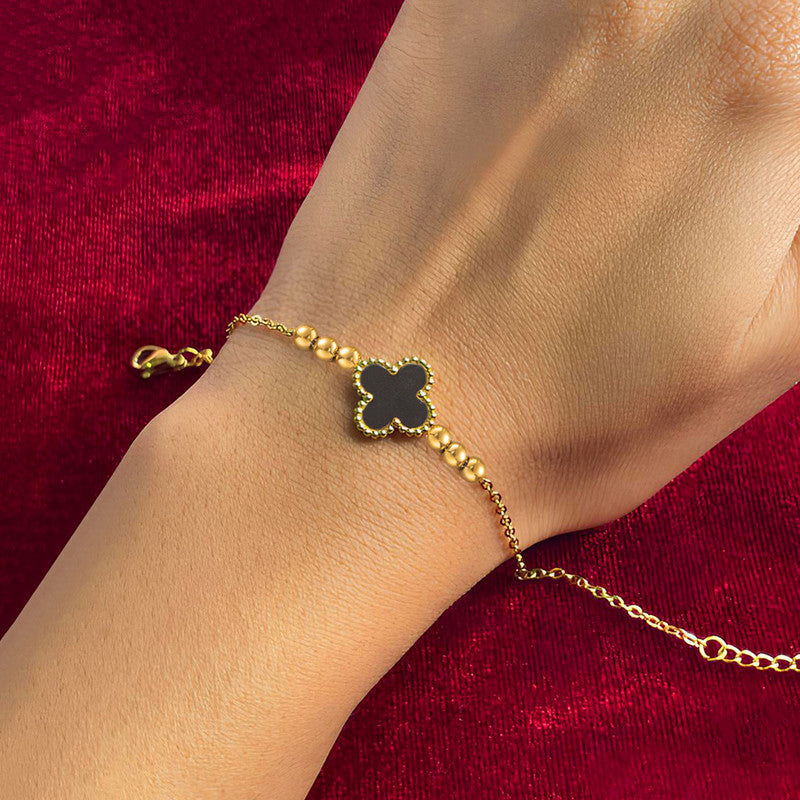 Gold Plated Stainless Steel Anti-Tarnish Black Clover Themed Wraparound Bracelet