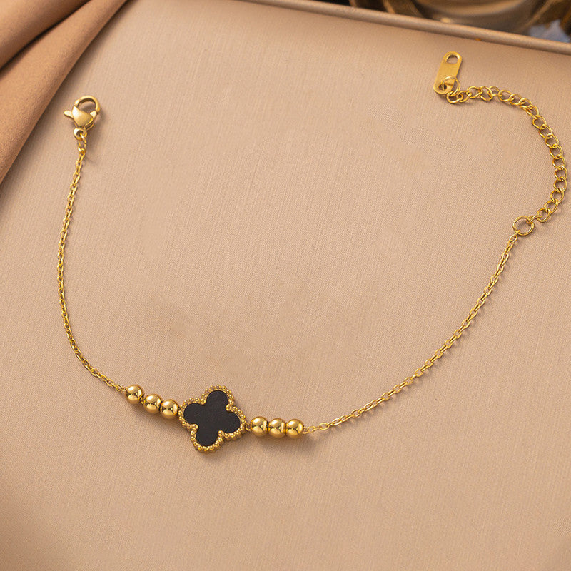 Gold Plated Stainless Steel Anti-Tarnish Black Clover Themed Wraparound Bracelet