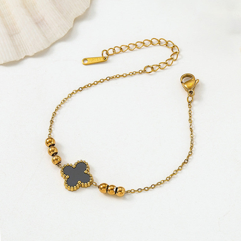 Gold Plated Stainless Steel Anti-Tarnish Black Clover Themed Wraparound Bracelet