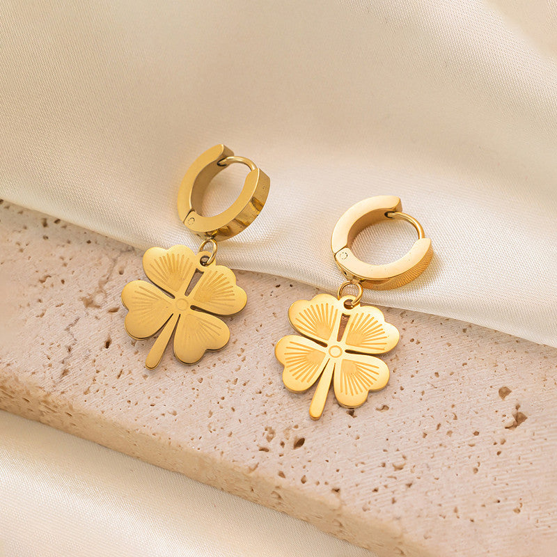 Gold Plated Clover Themed Drop Earrings