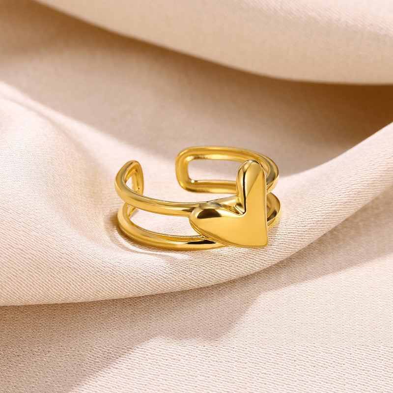 Gold Plated Anti Tarnish Stainless Steel Heart Themed Adjustable Finger Ring