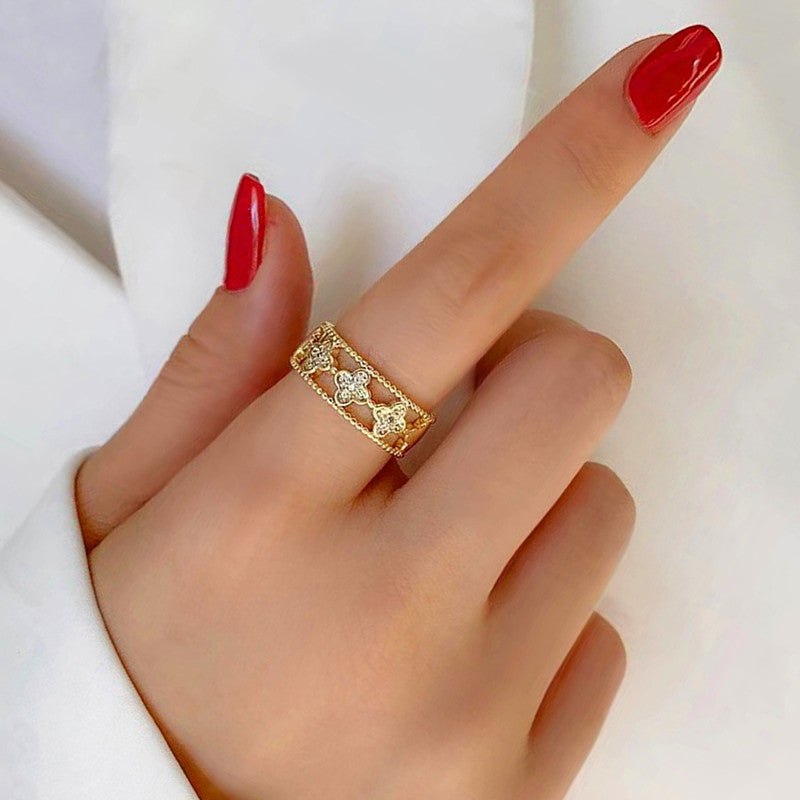 Gold‑Plated Anti Tarnish Stainless Steel Clover Themed Adjustable Finger Ring