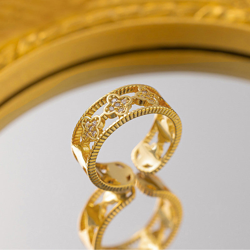 Gold‑Plated Anti Tarnish Stainless Steel Clover Themed Adjustable Finger Ring