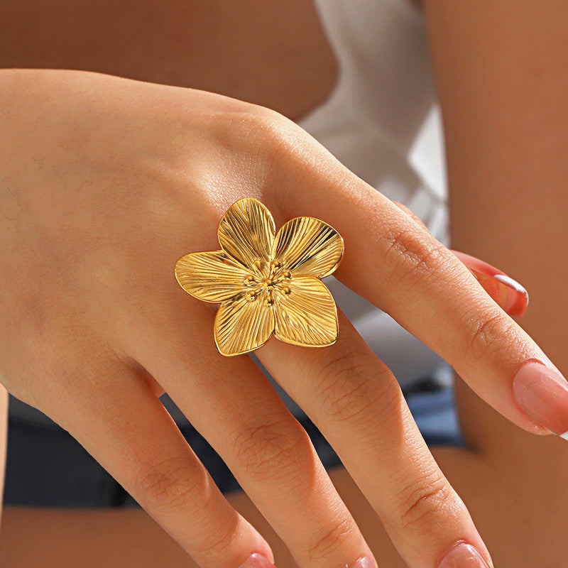 Gold Plated Anti Tarnish Stainless Steel Floral Themed Ring