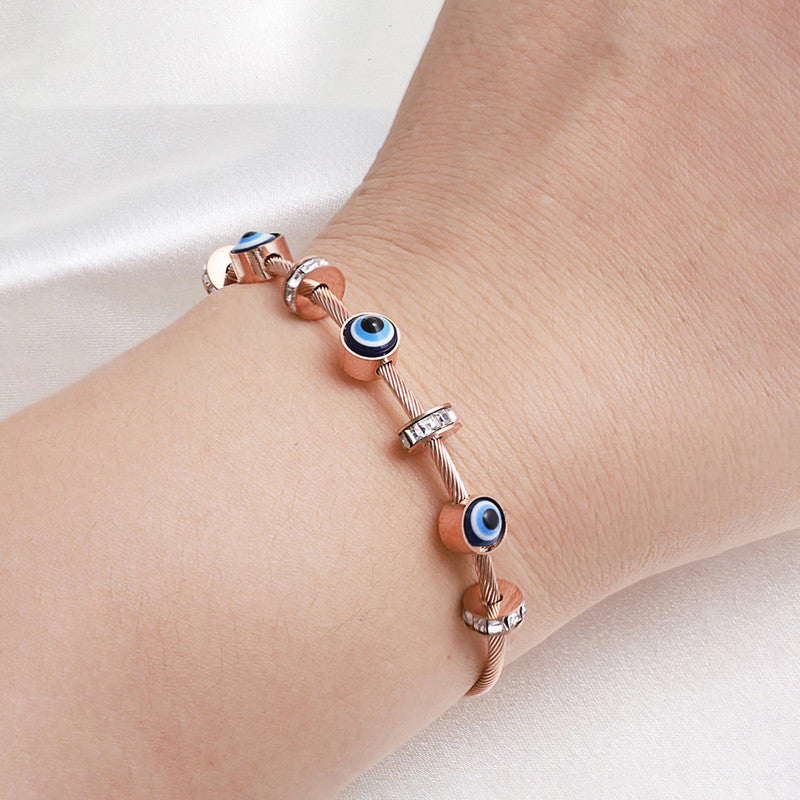 Stainless Steel Rose Gold Plated American Diamond Studded Evil Eye Bracelet For Women