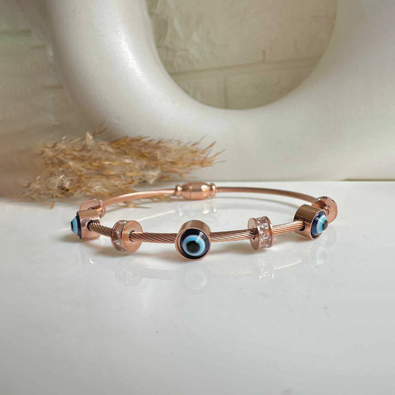 Stainless Steel Rose Gold Plated American Diamond Studded Evil Eye Bracelet For Women