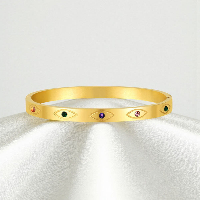 Gold Plated Stainless Steel Evil Eye Themed Anti Tarnish Bangle Style Bracelet