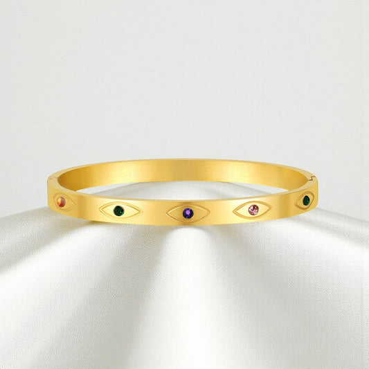 Gold Plated Stainless Steel Evil Eye Themed Anti Tarnish Bangle Style Bracelet