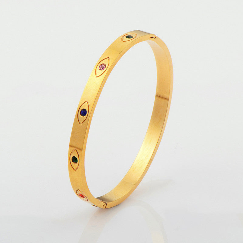 Gold Plated Stainless Steel Evil Eye Themed Anti Tarnish Bangle Style Bracelet