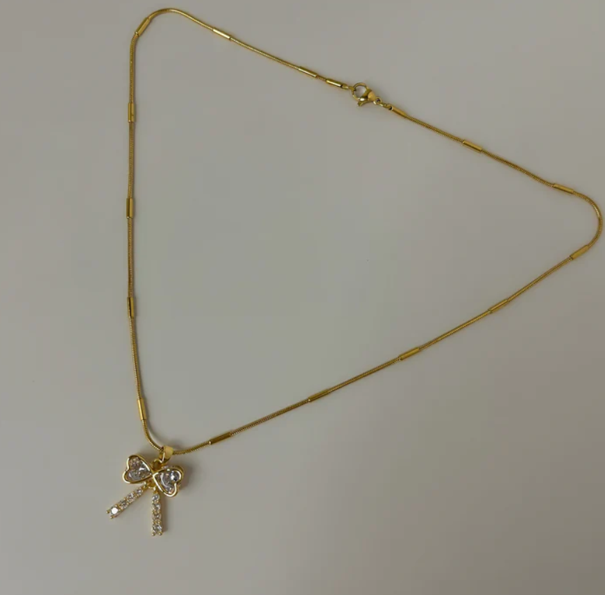 Gold Plated AD Stone Bow Necklace