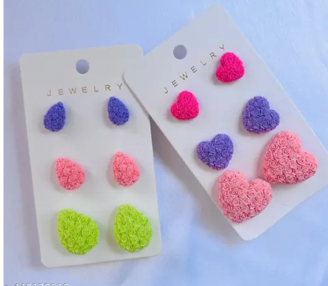 Colorful Heart and Drop Earring | Set of 1 (3 Pair) Assorted