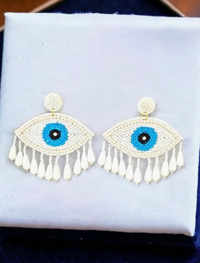 Handmade Beaded Evil Eye Drop Earrings | Boho Earrings