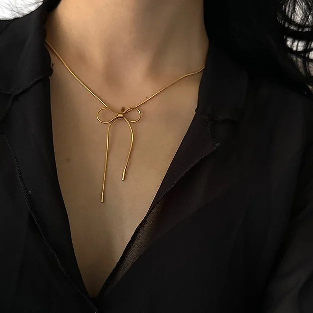 Ribbon Tie Gold Toned Neckalce with Earring | Anti Tarnished